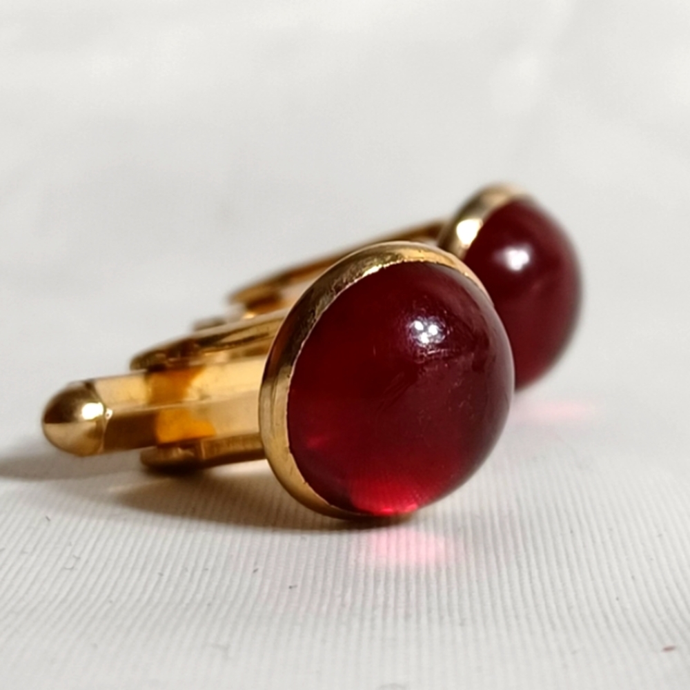 VINTAGE RUBY RED ROUND CUFFLINKS - Picture 4 of 11